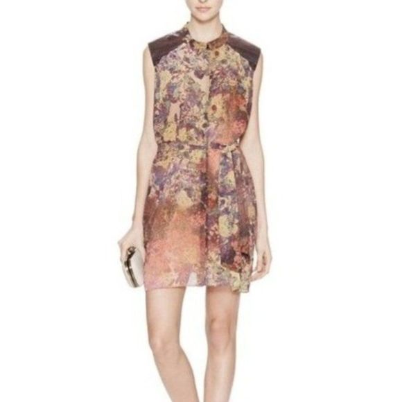 Hunter Bell Floral Chiffon Shirt Dress Leather Patchwork Mini - Picture 6 of 7